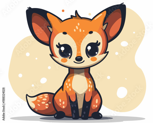 Cute cartoon fox is sitting on the ground with its head tilted to the side. The fox has big eyes and a smile on its face, giving it a friendly and approachable appearance