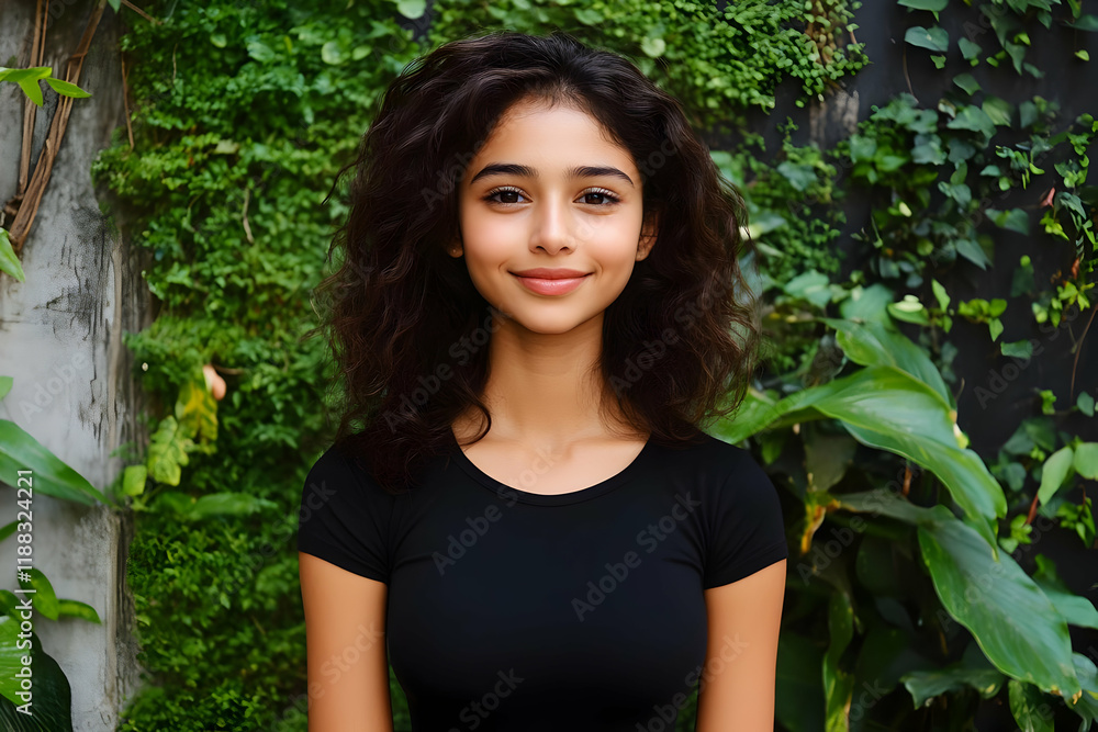 Young Woman Smiles Gently Against a Lush Green Wall of Plants Young Woman Smiles Gently Against a Lush Green Wall of Plants