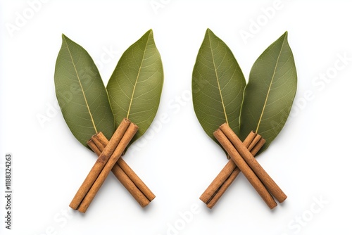 Fototapeta Naklejka Na Ścianę i Meble -  Culinary preparation with bay leaves and cinnamon sticks kitchen food photography minimalist top-down flavor enhancement