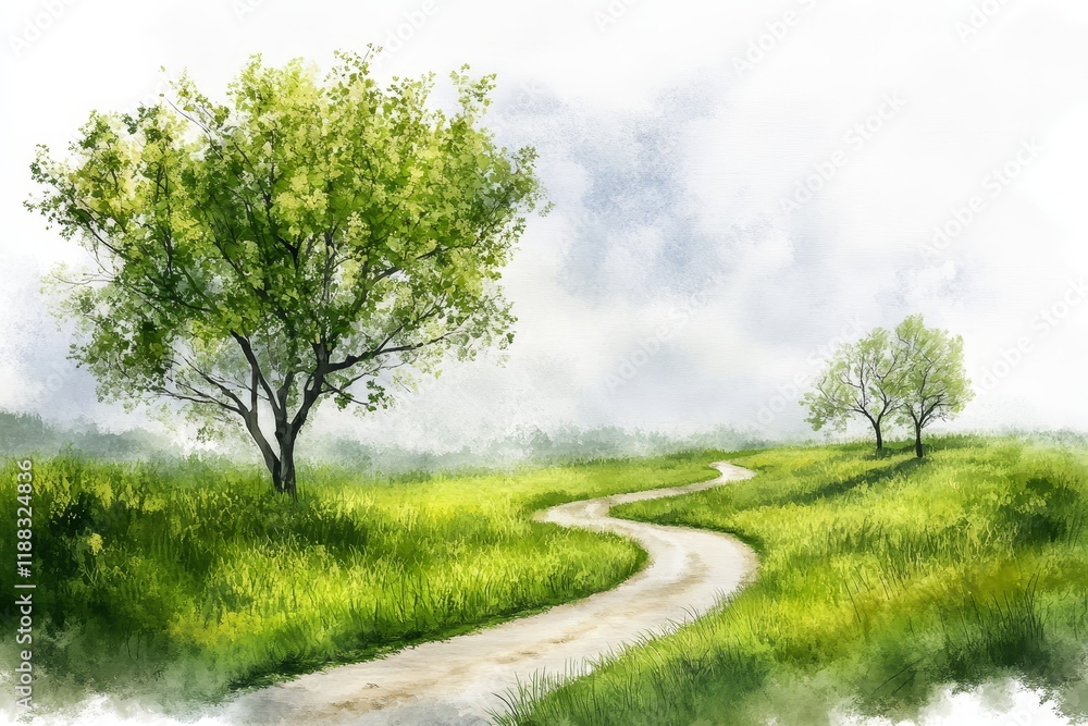Serene watercolor painting of a winding road through a green field with trees and a misty sky.
