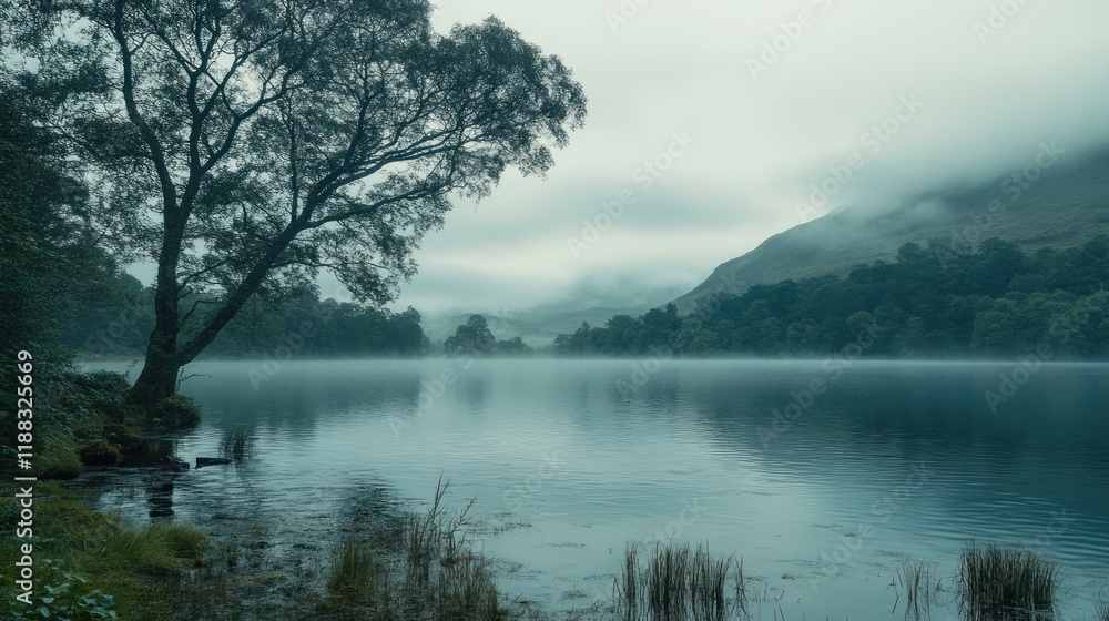 Misty lake reflections with lone tree, mountain backdrop, serene nature scene. Misty lake reflections with lone tree, mountain backdrop, serene nature scene.