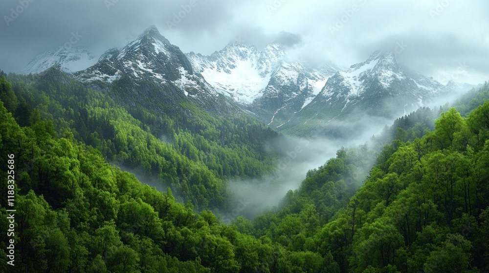 Fototapeta premium Misty mountain valley with lush green forest and snowy peaks.