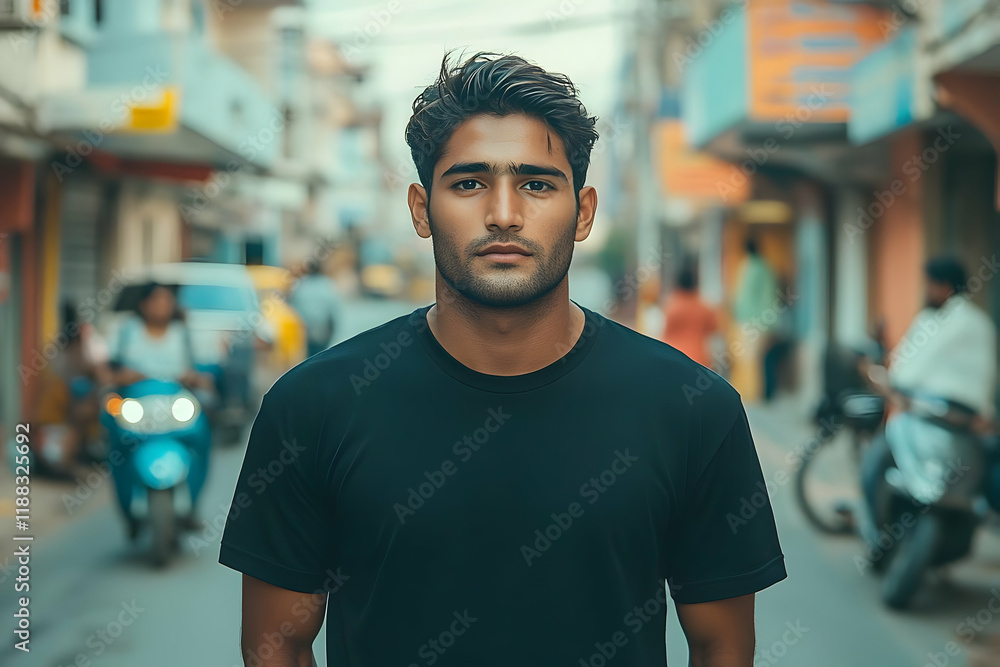 Man in Black T-Shirt Stands on Busy City Street with Blurred Traffic Background Man in Black T-Shirt Stands on Busy City Street with Blurred Traffic Background