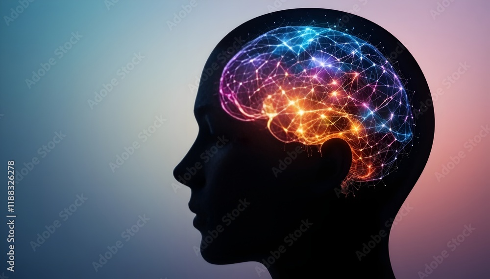 Layers of the Mind: A glowing head silhouette with multiple colorful layers inside, symbolizing mental health complexity Layers of the Mind: A glowing head silhouette with multiple colorful layers inside, symbolizing mental health complexity