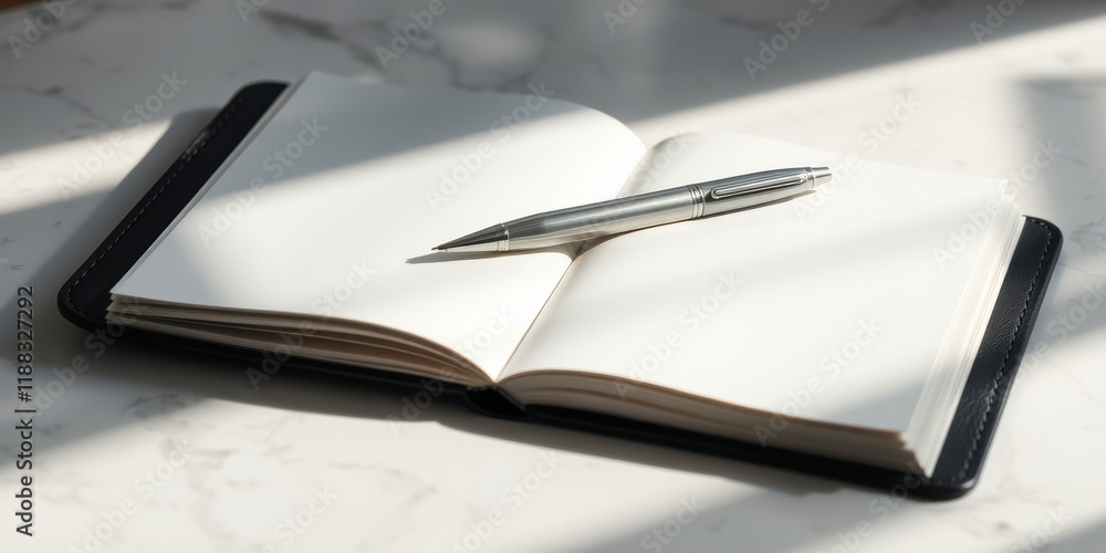 A blank notebook with a silver pen resting on its pages, bathed in natural light A blank notebook with a silver pen resting on its pages, bathed in natural light