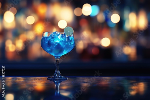 Wallpaper Mural Blue cocktail drink on the bar counter and light bokeh. Torontodigital.ca
