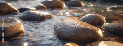 Smooth River Rock Texture, intimate view of polished stones, highlighting natural sheen and tactile appeal, earthy tones and organic forms photo