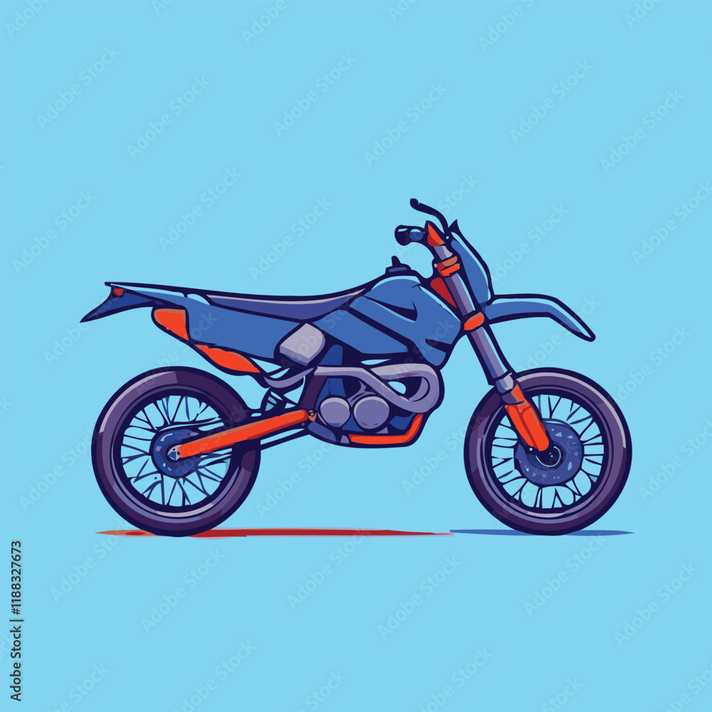 Stylized Illustration of a Blue and Orange Motorcycle Against a Light Blue Background.eps