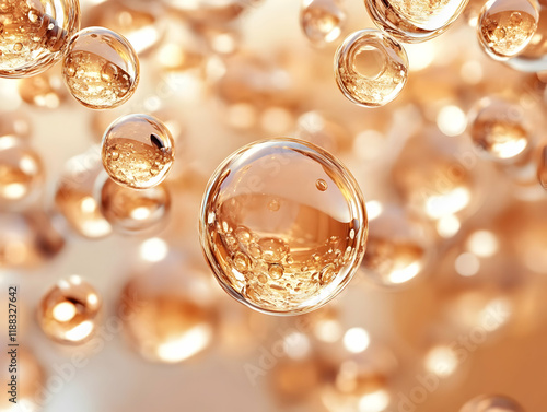3D Render of Transparent Golden Spheres with Internal Bubbles Floating Gently in a Soft, Dreamlike Ambiance.