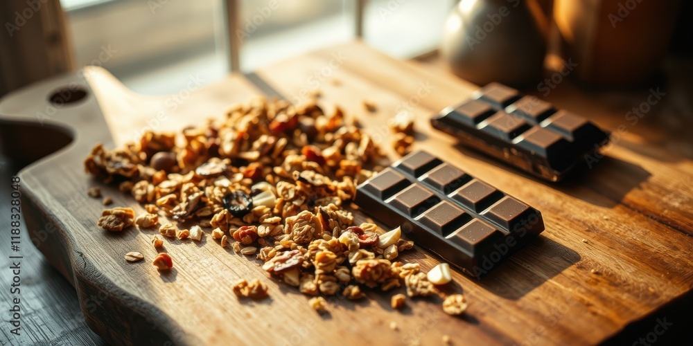 A wooden cutting board featuring a delectable spread of crunchy granola clusters with a rich chocolate bar resting beside it, capturing a moment of sweet indulgence. A wooden cutting board featuring a delectable spread of crunchy granola clusters with a rich chocolate bar resting beside it, capturing a moment of sweet indulgence.