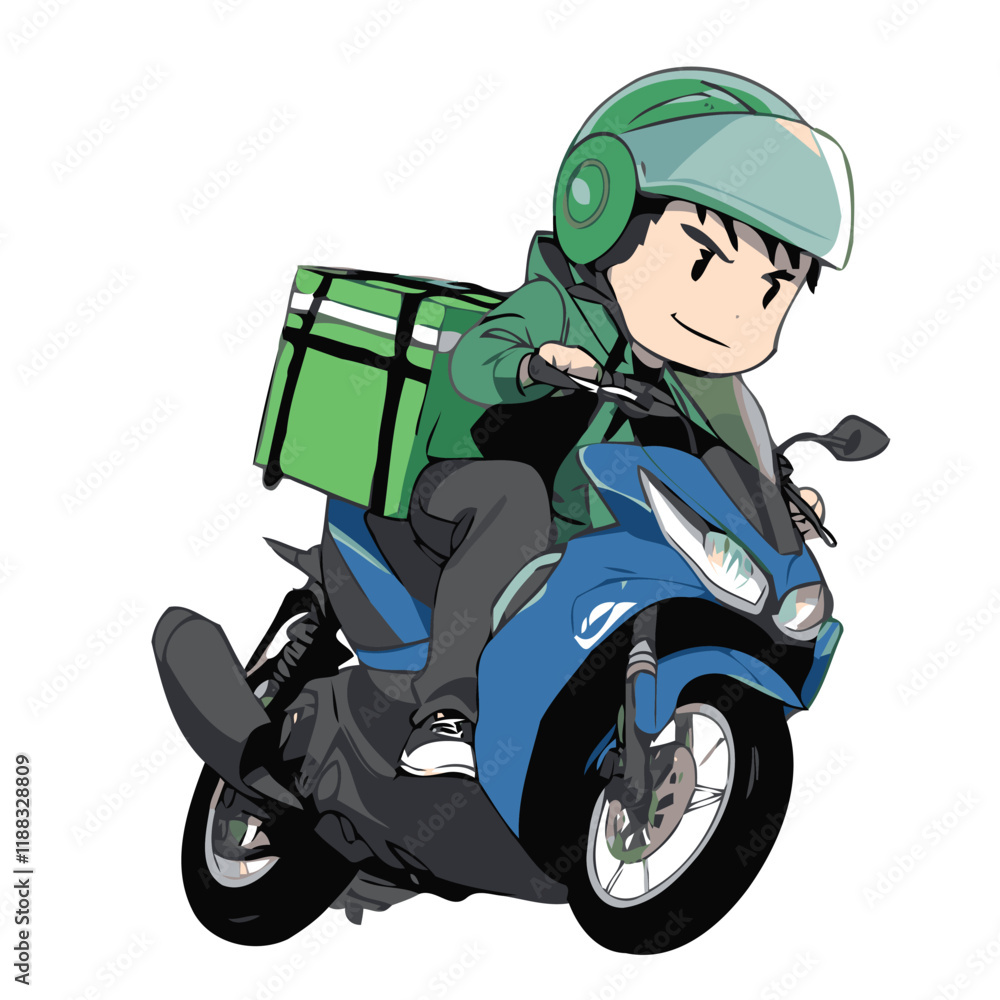 Cartoon Delivery Rider on a Scooter with Green Backpack in Action.eps Cartoon Delivery Rider on a Scooter with Green Backpack in Action.eps