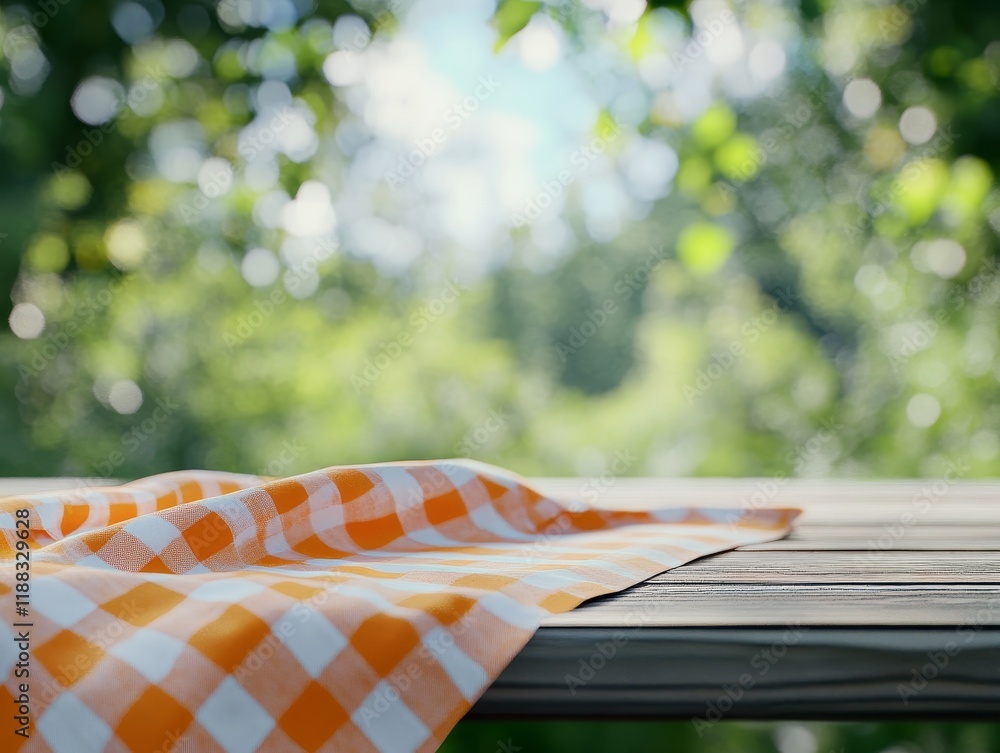 custom made wallpaper toronto digitalOrange checkered tablecloth on wooden table outdoors. (1)