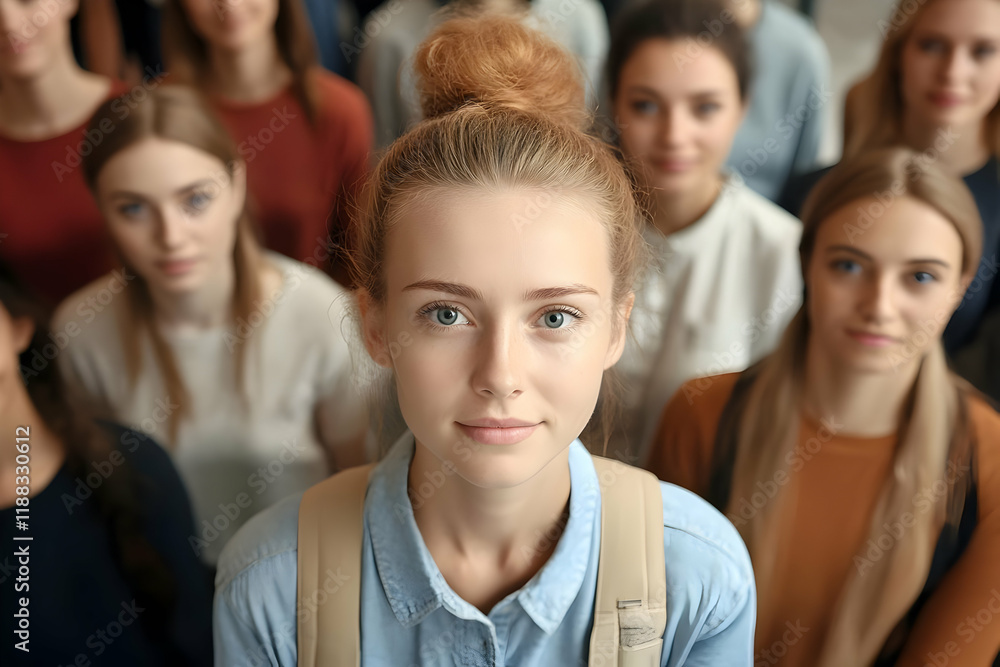 Young Woman Stands Out in Crowd, Confidently Facing Forward with Backpack Young Woman Stands Out in Crowd, Confidently Facing Forward with Backpack