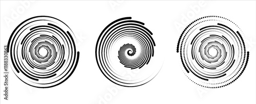 Modern abstract background. Halftone dots in circle form. Spiral logo, icon or design element. Black dots on a white background and white dots on the black side.