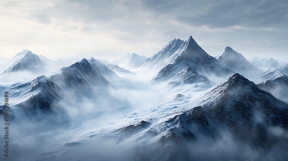 Obraz premium Snow-Covered Mountains with Clear Blue Skies, Majestic Peaks and Fresh Powdery Snow, Scenic Winter Landscape