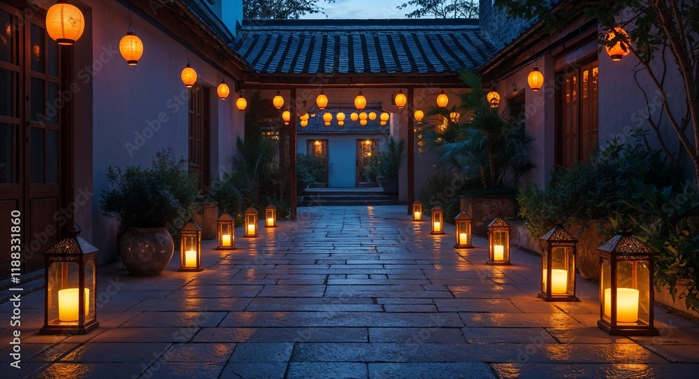 Glowing Lanterns in a Quiet Courtyard Glowing Lanterns in a Quiet Courtyard