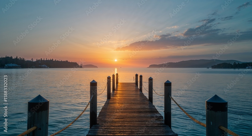 Obraz premium Golden Sunrise Pier Over Tranquil Water