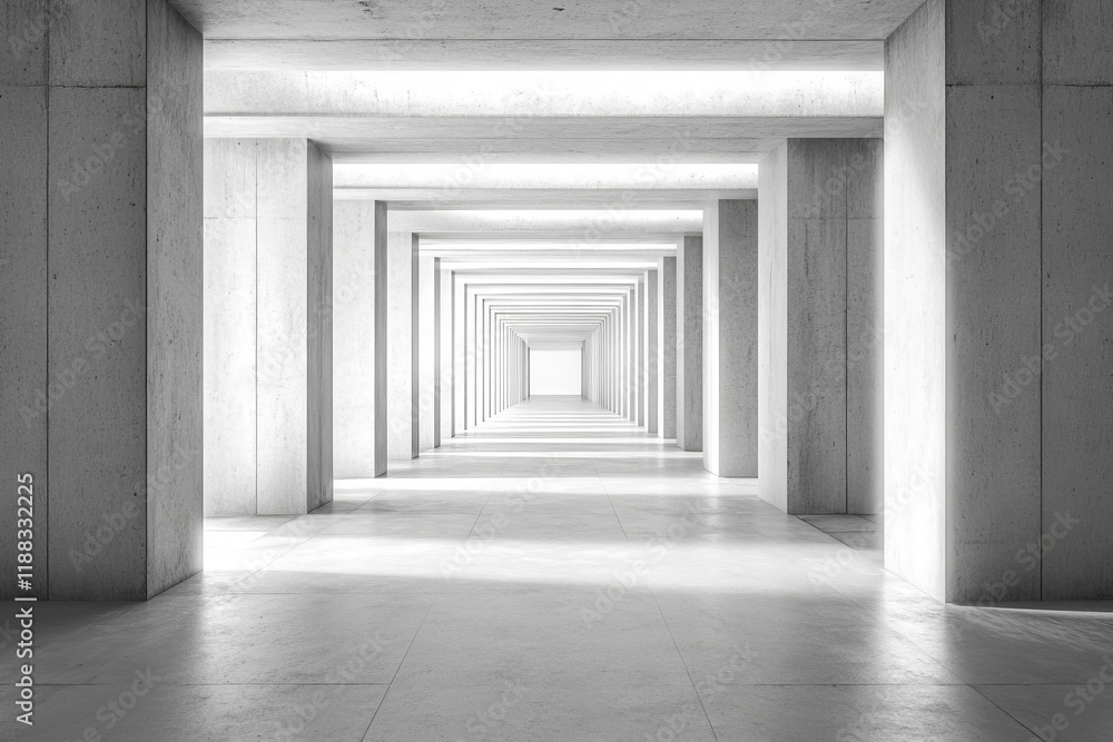 A wide, empty concrete corridor with symmetrical columns and a white light beam illuminating the center of it. A wide, empty concrete corridor with symmetrical columns and a white light beam illuminating the center of it.