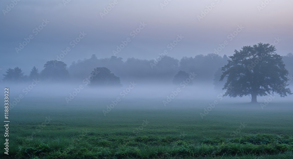 Fototapeta premium Open Field Blanketed in Soft Morning Fog