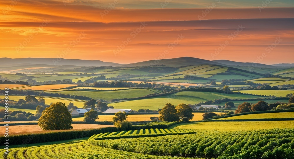 Fototapeta premium Orange Sky Behind Rolling Farmlands