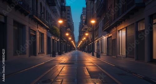 Soft Glow of Streetlights in City Alley