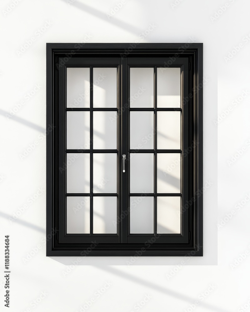 Black framed window with gridded panes on white wall, sunlit. Black framed window with gridded panes on white wall, sunlit.