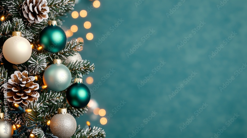 A beautifully decorated Christmas tree adorned with ornaments and pinecones, set against a soft teal background with warm lights. A beautifully decorated Christmas tree adorned with ornaments and pinecones, set against a soft teal background with warm lights.