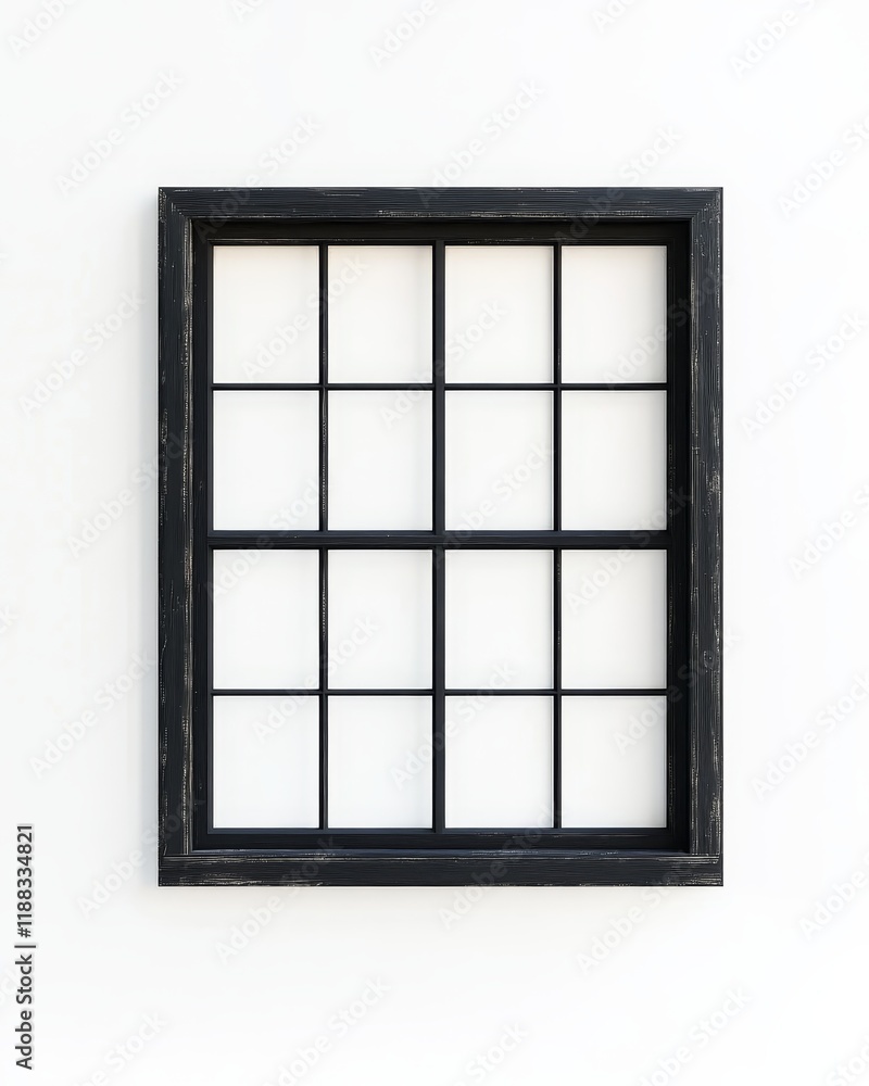 Black framed window pane on white wall. Black framed window pane on white wall.