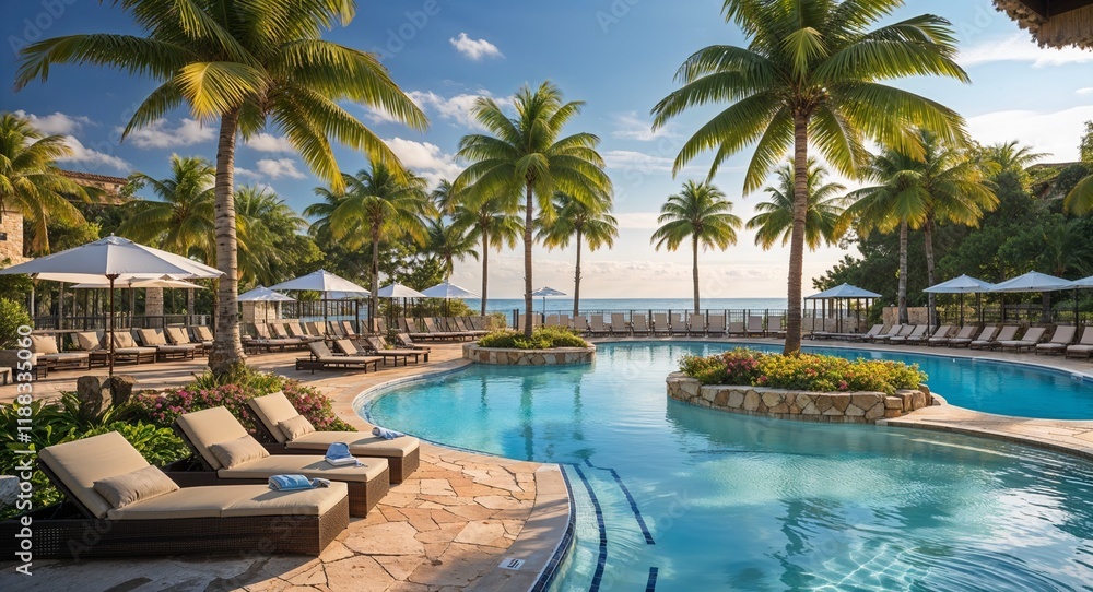 Obraz premium Tropical Resort Pool with Loungers and Palm Trees