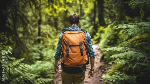 Wallpaper Mural Backpacker navigating a lush forest trail, enveloped by towering trees and vibrant greenery, immersed in nature's tranquility Torontodigital.ca