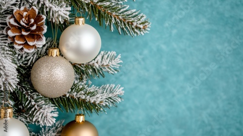 A festive arrangement of frosted pine branches adorned with elegant ornaments and a pine cone against a teal background.