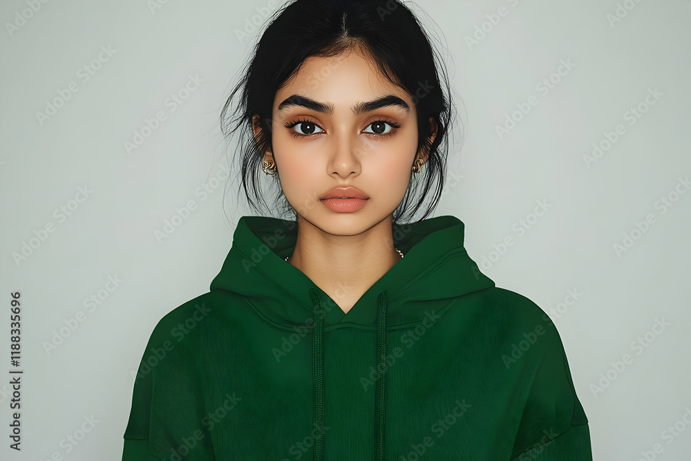 Fototapeta premium Young Woman Wears a Green Hoodie and Looks Directly at the Camera in a Studio Portrait