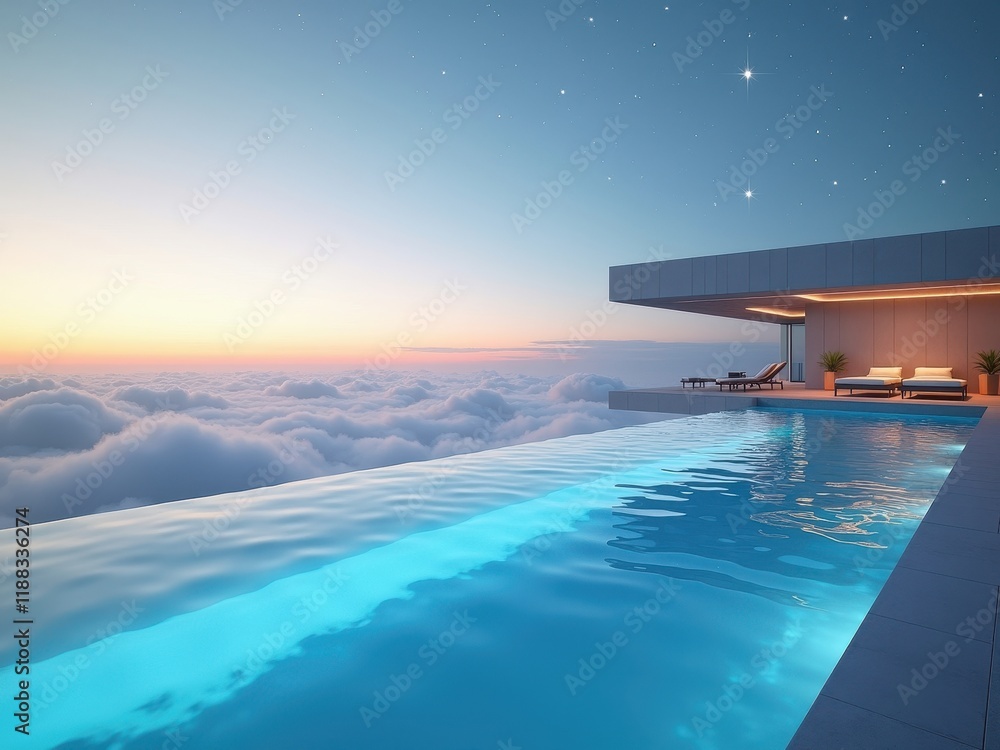 Fototapeta premium Relaxation in an ultra-modern infinity pool high above the clouds at sunset with a stunning view of the horizon