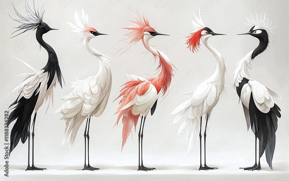 Fototapeta premium Five stylized cranes, black, white, and coral, in profile.