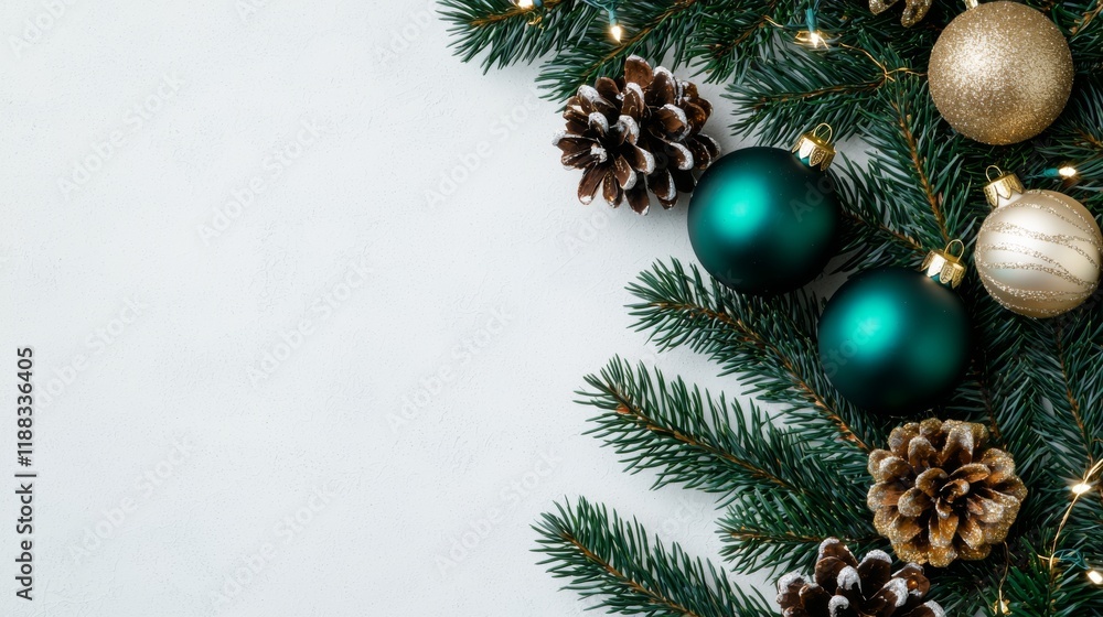 A festive arrangement of evergreen branches, ornaments, and pinecones, creating a cheerful holiday atmosphere. A festive arrangement of evergreen branches, ornaments, and pinecones, creating a cheerful holiday atmosphere.