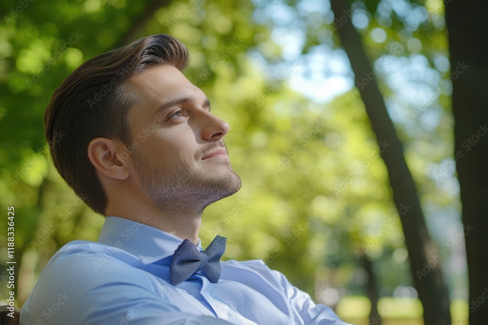 Handsome man in blue shirt and bow tie outdoors. Handsome man in blue shirt and bow tie outdoors.