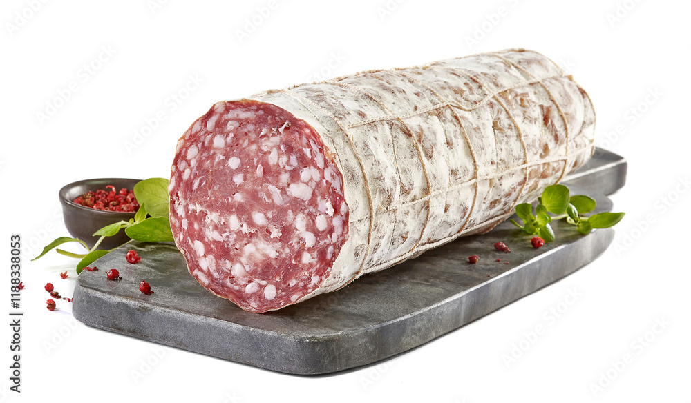 Francuska kiełbasa Rosette de Lyon na czarnej desce z ziołami Francuska kiełbasa Rosette de Lyon na czarnej desce z ziołami