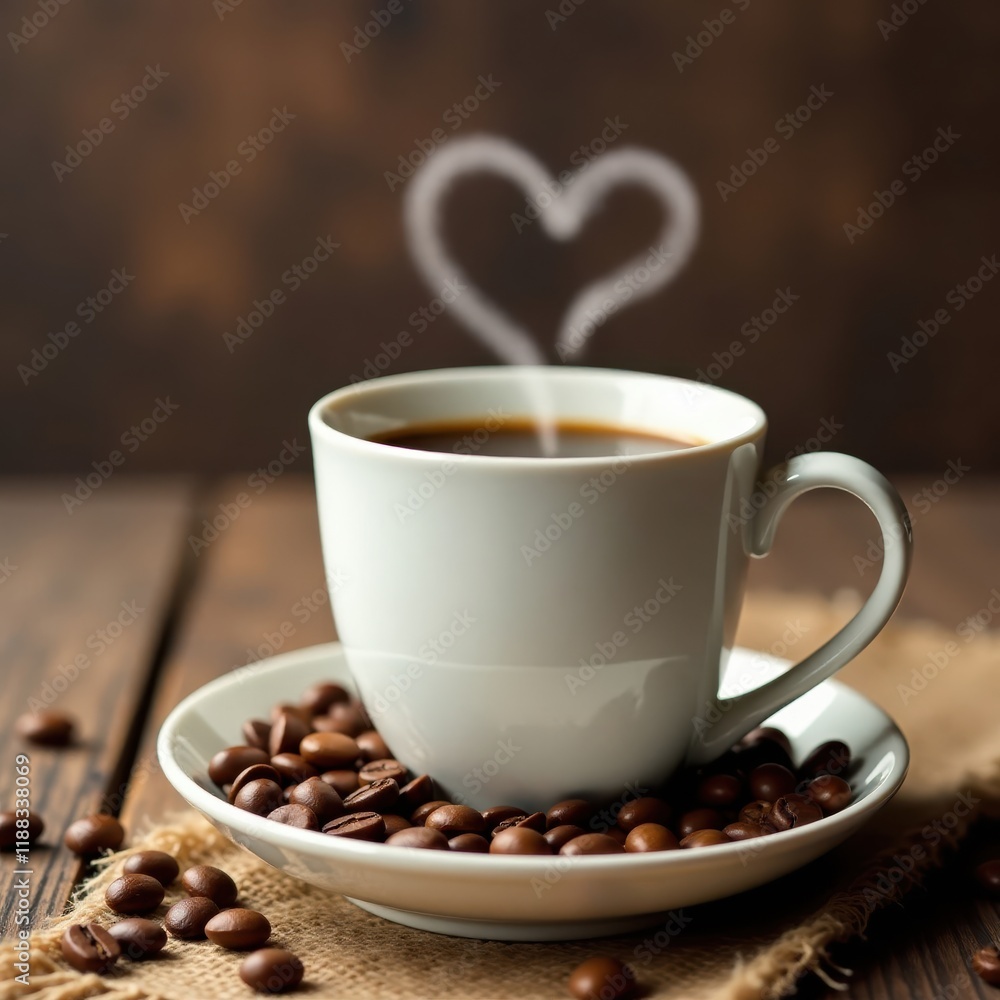 Rustic white mug, heart-shaped steam, coffee beans, burlap, wood , white, close-up Rustic white mug, heart-shaped steam, coffee beans, burlap, wood , white, close-up