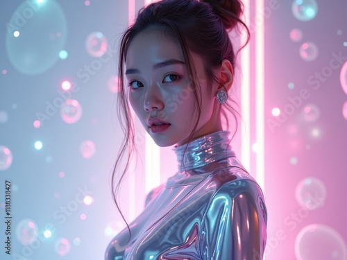 Stunning young woman in ultra-modern attire poses against a colorful backdrop with glowing lights and bubbles, highlighting contemporary fashion trends