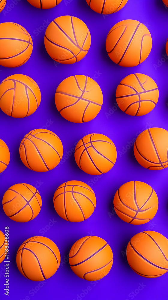 Multiple 3D Basketballs Arranged on a Vibrant Purple Background Multiple 3D Basketballs Arranged on a Vibrant Purple Background