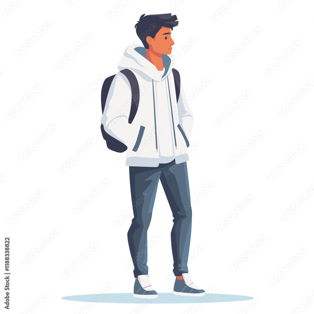 Young man with backpack. Vector illustration in flat style. Isolated on white background. Young man with backpack. Vector illustration in flat style. Isolated on white background.