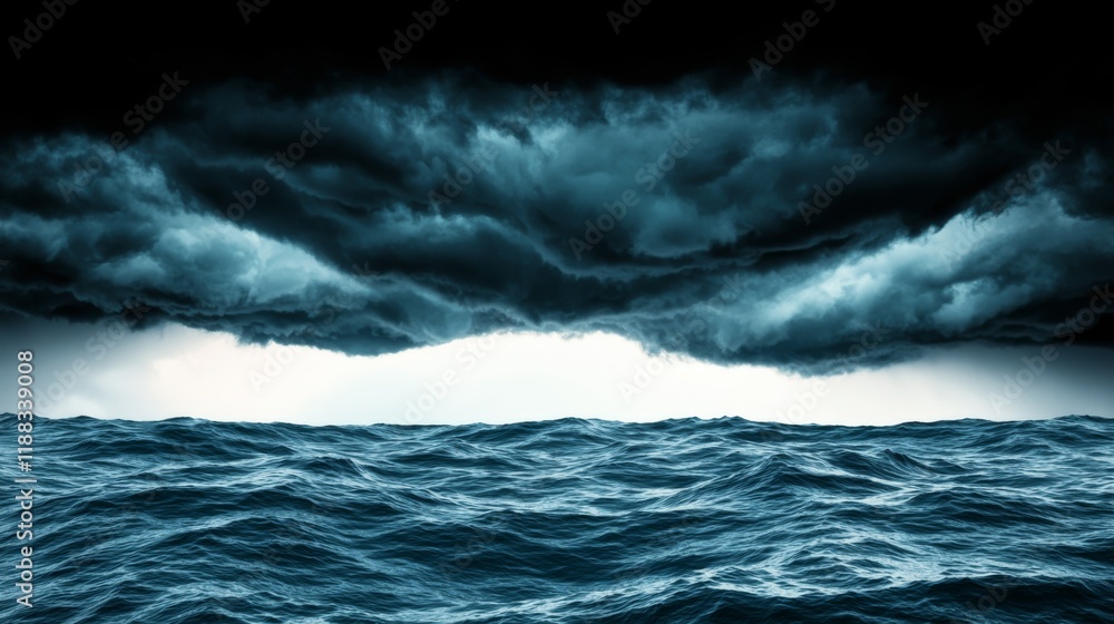 Fototapeta premium A dramatic seascape featuring dark, turbulent clouds above a restless ocean, evoking a sense of impending storm and nature's raw power.