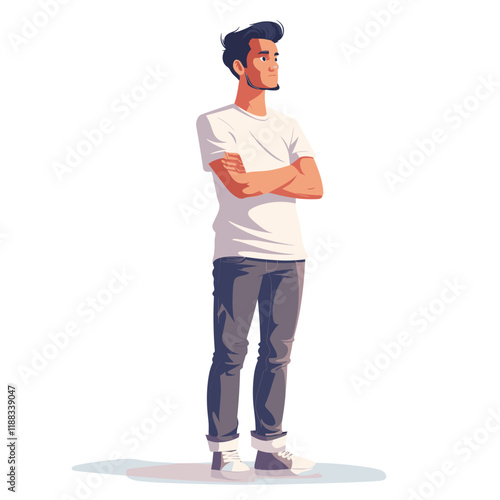 Handsome young man in casual clothes standing with crossed arms, vector illustration.