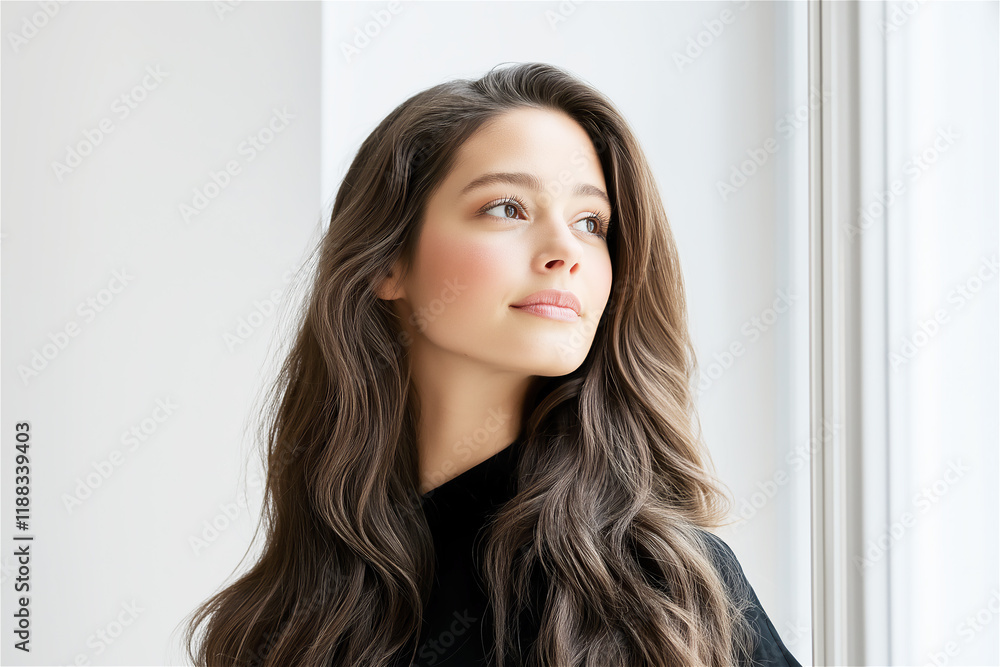 Smiling young woman with soft brown wavy hair, wearing a black sweater, looking out the window, capturing a warm and contemporary mood. Smiling young woman with soft brown wavy hair, wearing a black sweater, looking out the window, capturing a warm and contemporary mood.
