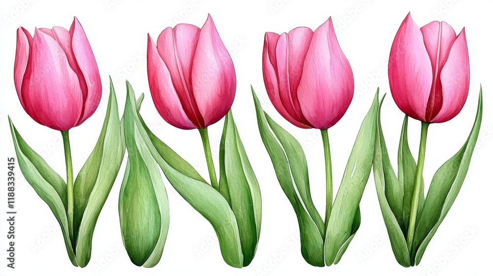 Obraz premium A vibrant illustration of pink tulips with green leaves, showcasing their natural beauty and elegance in a cheerful arrangement.