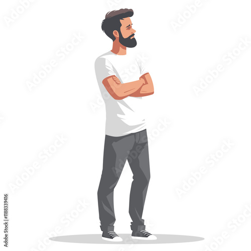 Bearded man in casual clothes standing with crossed arms. Vector illustration