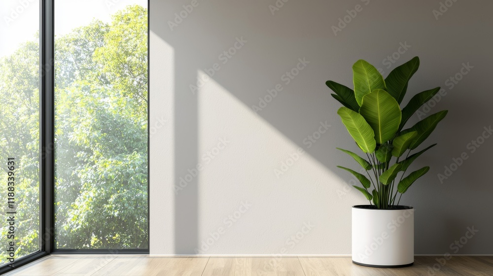 3d render A modern interior with a large window showcasing greenery outside and a potted plant, creating a calming, natural atmosphere. 3d render A modern interior with a large window showcasing greenery outside and a potted plant, creating a calming, natural atmosphere.