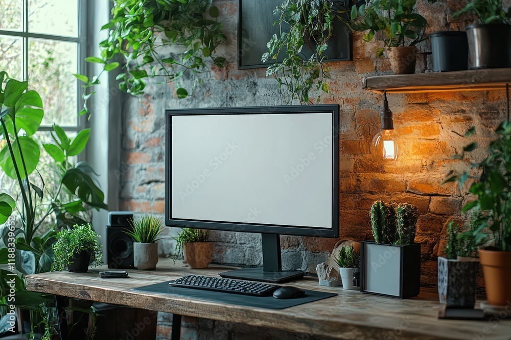 Serene Home Office with Lush Greenery and Modern Tech Serene Home Office with Lush Greenery and Modern Tech