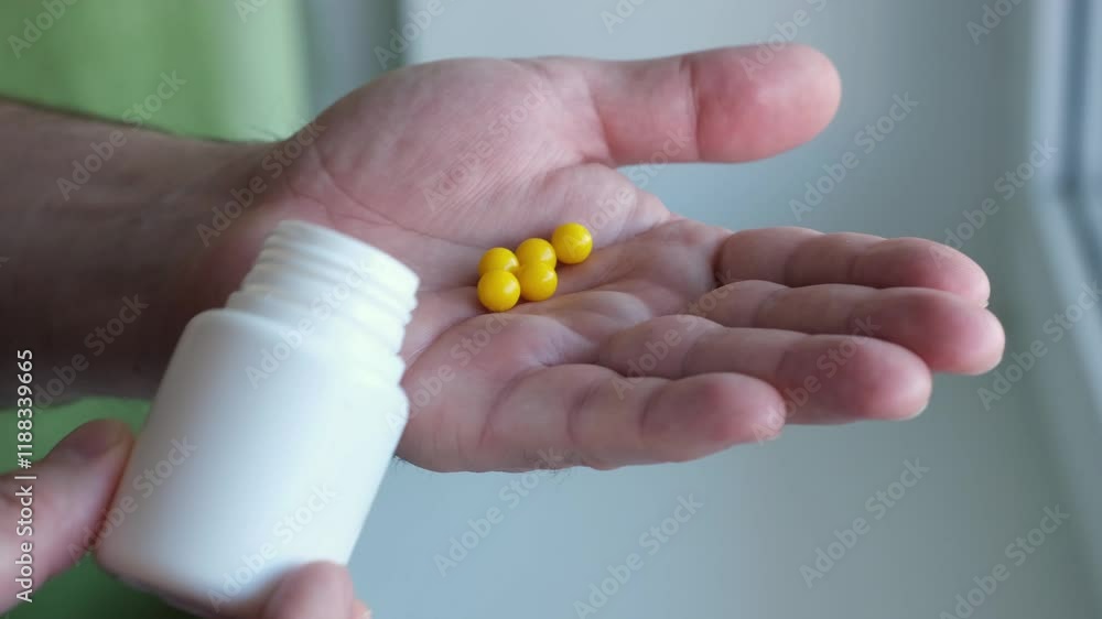 Yellow pills drop from white bottle into male hand, close up. Vitamin C, ascorbic acid, vitamins, dietary supplements, health and medicine concept Yellow pills drop from white bottle into male hand, close up. Vitamin C, ascorbic acid, vitamins, dietary supplements, health and medicine concept
