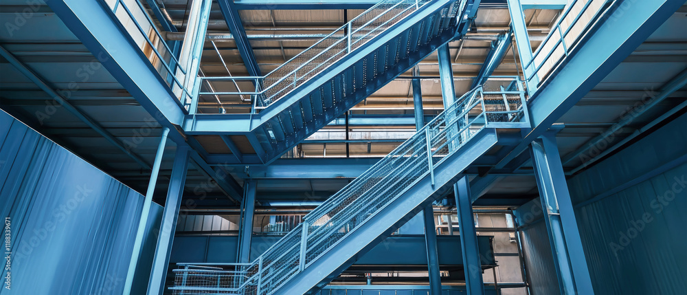Fototapeta premium Industrial staircase design enhancing functionality in a blue metal recycling plant interior